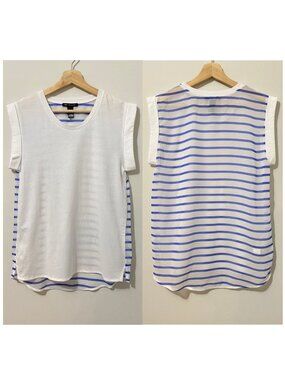 Mango Muscle Tee Tank Top w/ Striped Sheer Back, White Front Cap Sleeves Summer